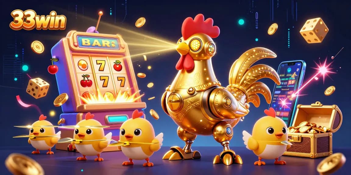 Experience the excitement of 33win with a futuristic casino scene featuring a golden robot and baby drone chicks.