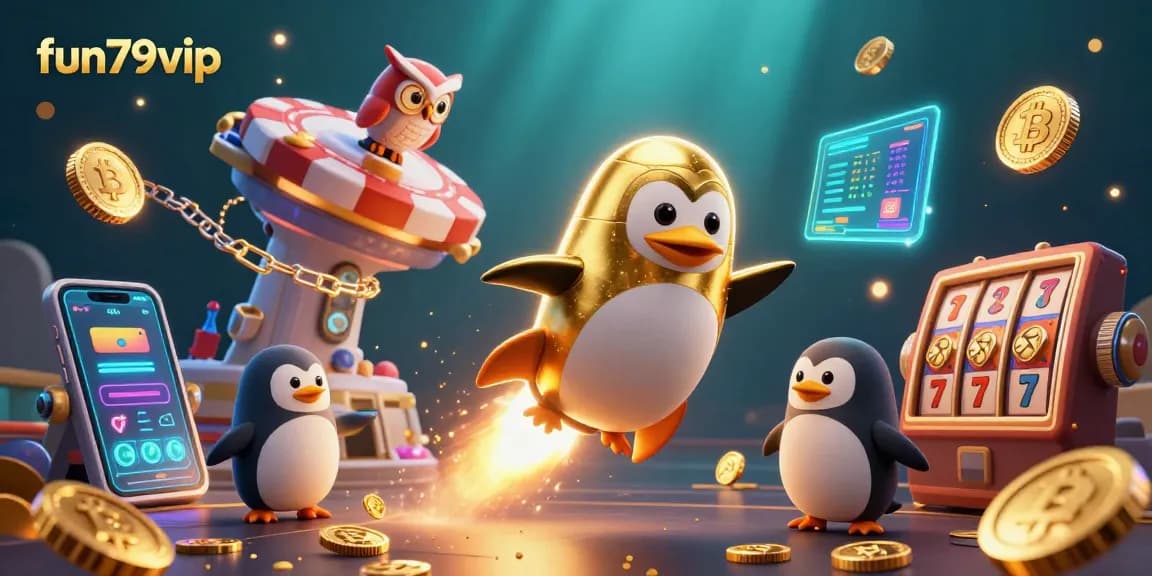 Engage with fun79vip's thrilling casino experience with a cosmic penguin and vibrant gaming elements.