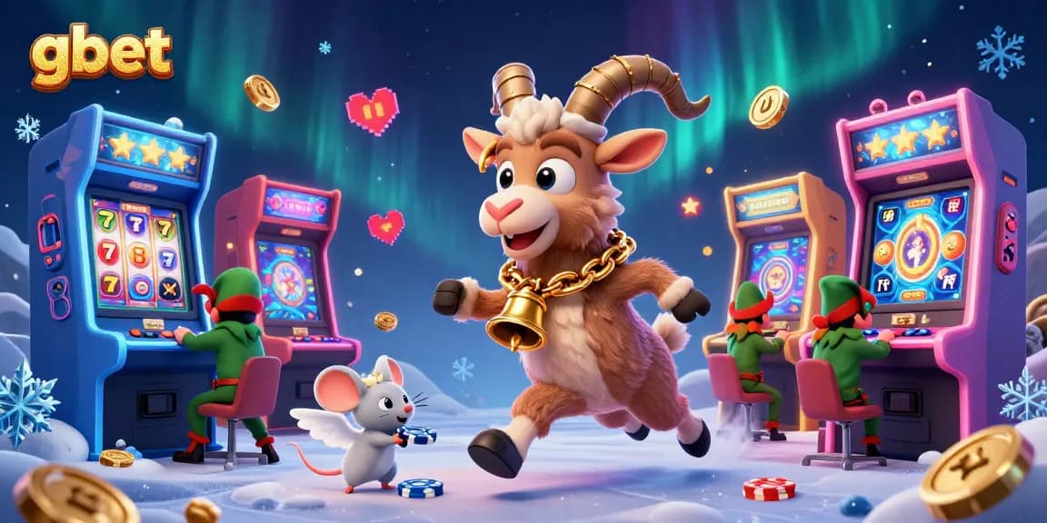 Engage with gbet's vibrant casino scene featuring a Krampus goat, an angel mouse, and gremlin elves amidst spinning slot machines.