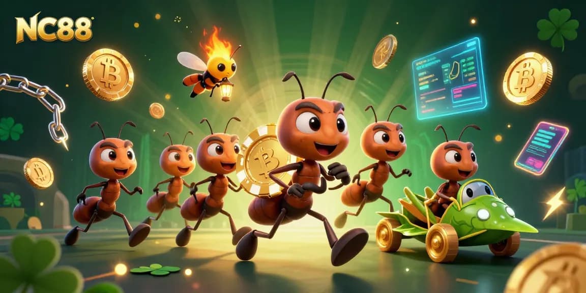 Experience thrilling gameplay at NC88 with cartoon ants heisting a giant poker chip.