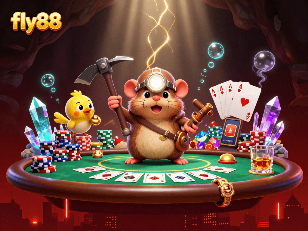 Experience exhilarating game strategies at fly88 with a dynamic scene of a treasure hunter and poker elements.