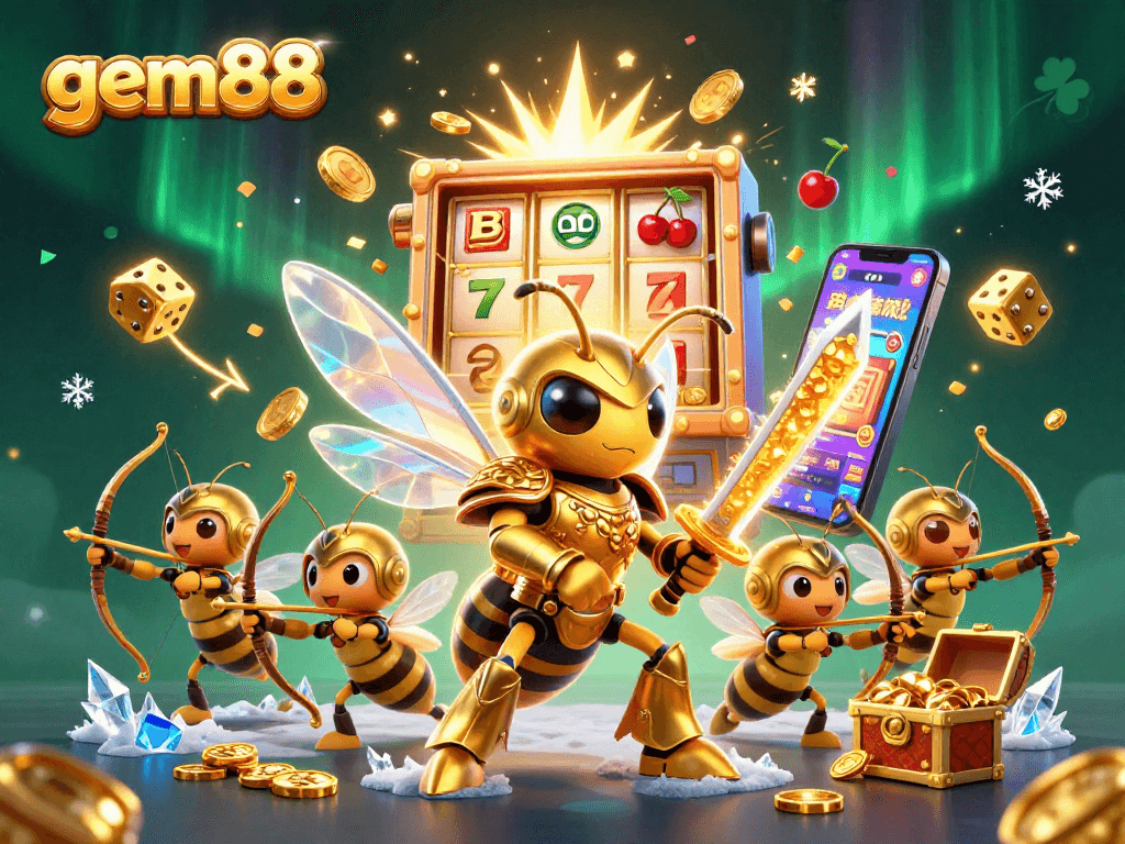 Engage in exciting gameplay at gem88 with a colorful scene of a golden hornet and jackpot explosions.