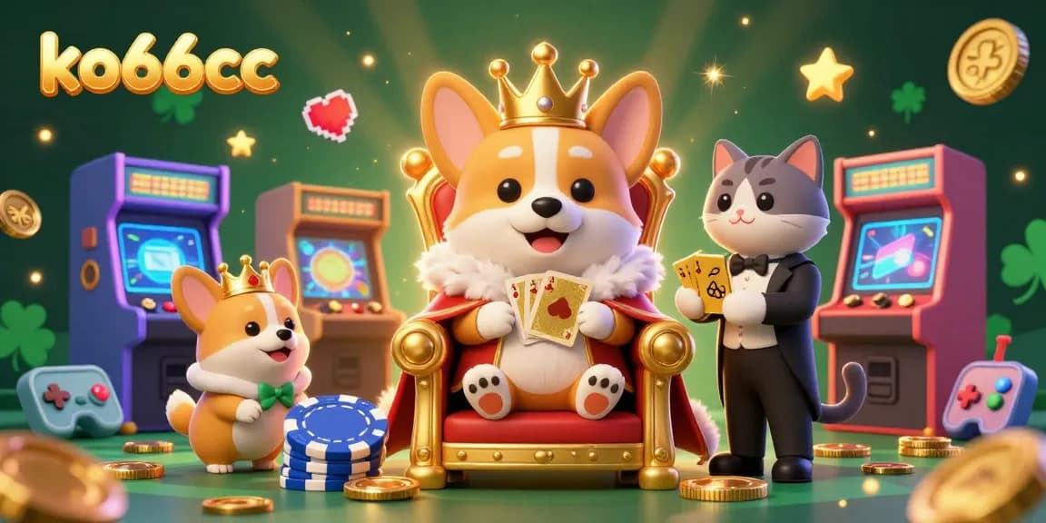 Join the fun at ko66cc with a royal corgi and a cat butler in a vibrant casino scene.