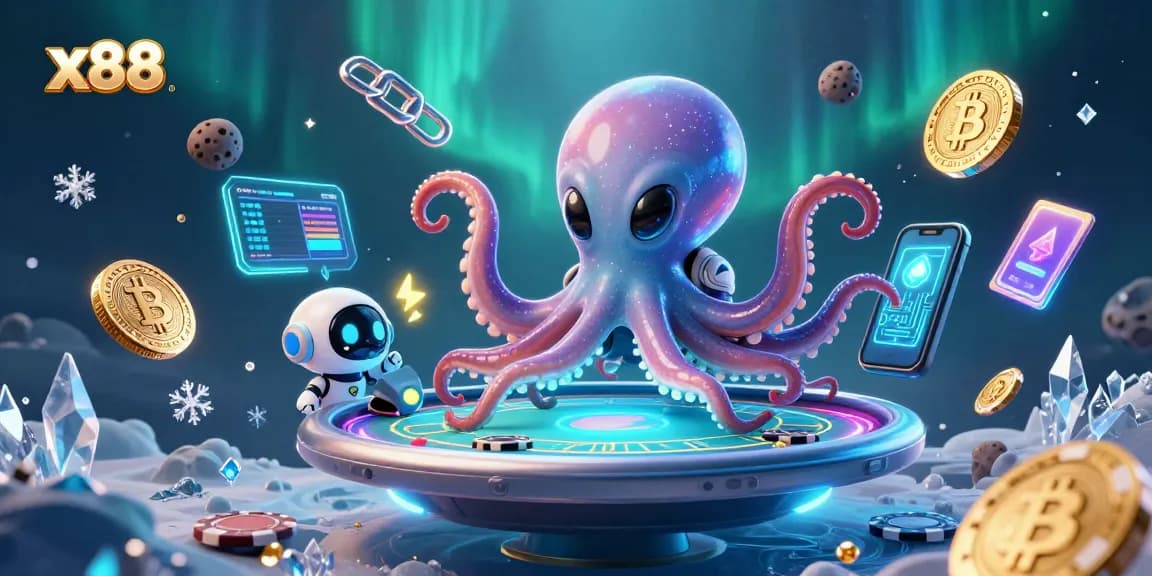 x88 players winning at a futuristic poker game with an alien octopus dealer