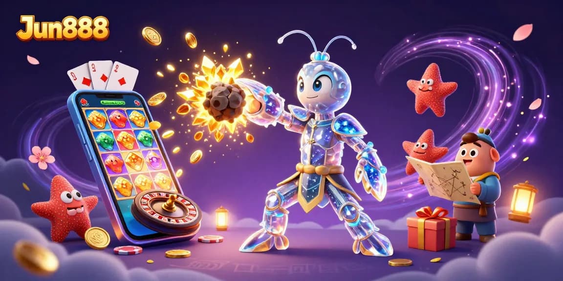 Jun888 offers exciting gameplay as a galactic samurai mantis shrimp punches through an asteroid showering golden gems.
