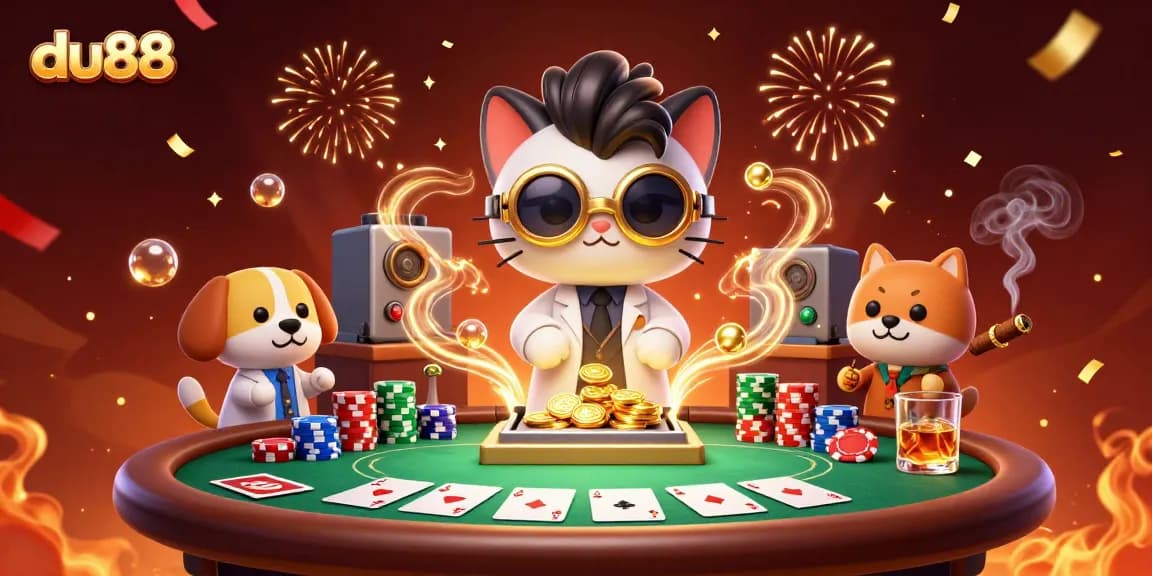Engage with du88 through a vibrant 3D casino scene filled with playful characters and poker elements.