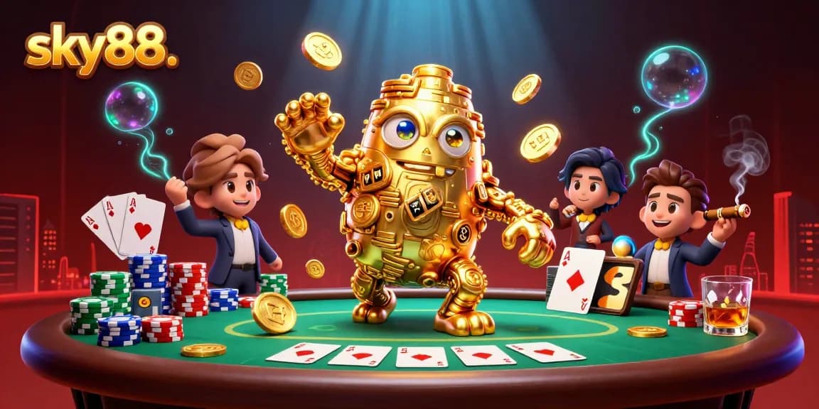 Engage with the ultimate sky88. casino experience featuring a golden golem and poker elements.
