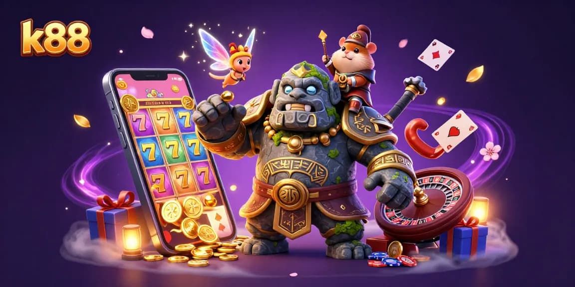 Play exciting slot games with k88 in a dynamic casino scene featuring magical characters.