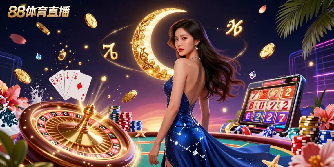 Experience the excitement of 88体育直播, featuring a dazzling Asian woman in a cosmic casino setting surrounded by dynamic gambling elements.