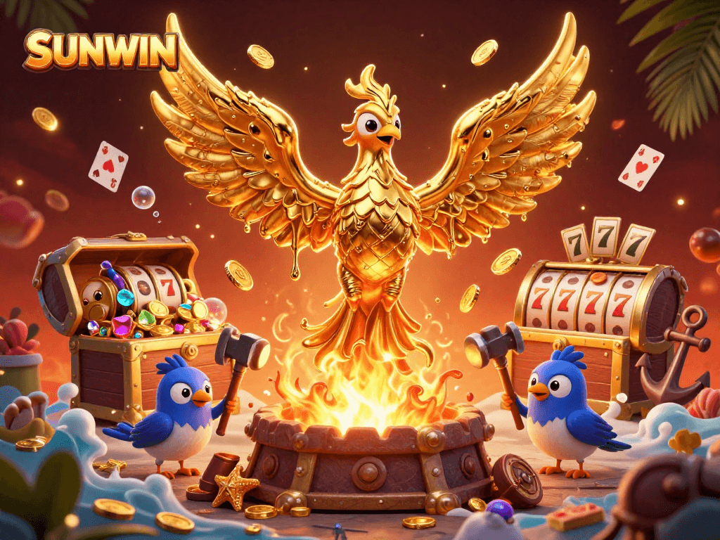 SUNWIN captivates players with a vibrant scene of golden phoenix and casino elements, celebrating winning moments.