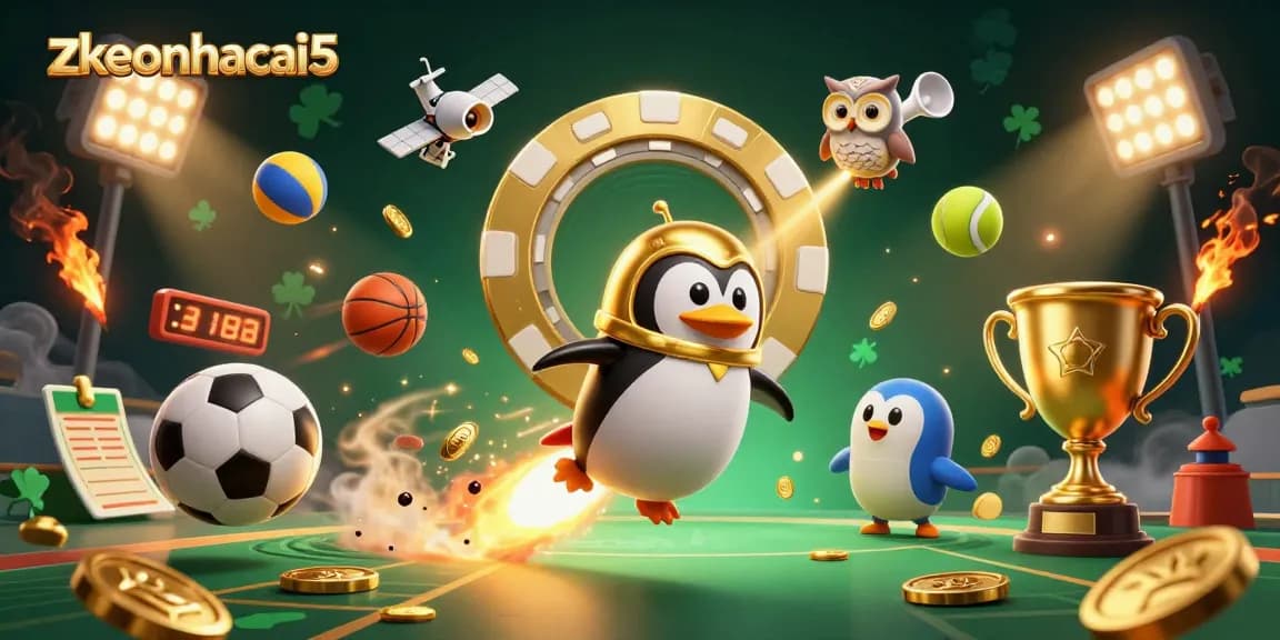 Engage with zkeonhacai5 in a vibrant 3D casino world featuring a golden penguin and sports balls.