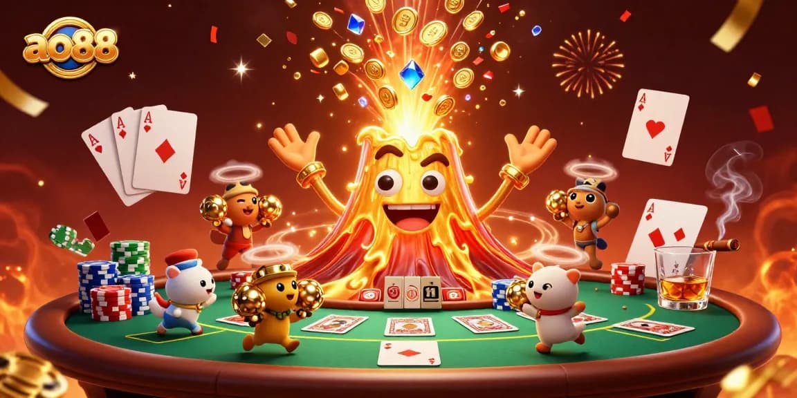 Join the excitement at ao88 as treasures erupt from a golden volcano in this thrilling casino scene.