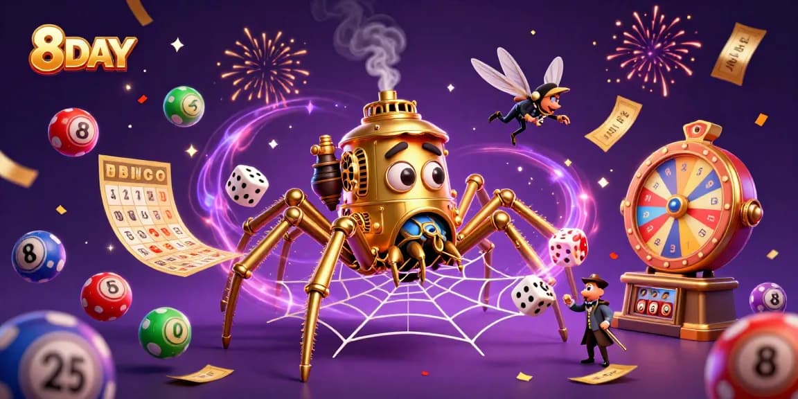 Engage with 8DAY's captivating casino world featuring a steampunk spider and vibrant lottery elements.
