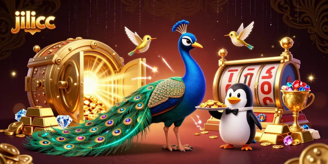 Engage with thrilling experiences at jilicc, showcasing a peacock, penguin, and hummingbird in a vibrant casino scene.