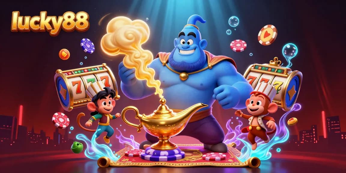 Spin and win with lucky88 in this ultra-detailed 3D illustration of a genie and magical casino elements.
