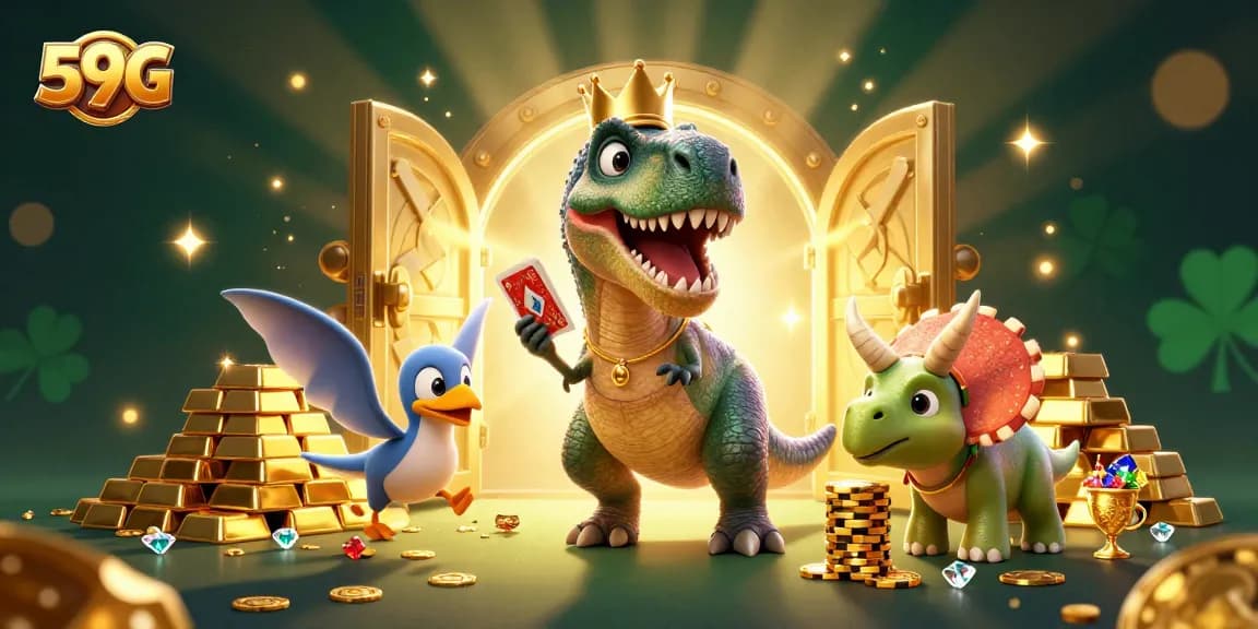 Engage in thrilling gameplay at 59G with a T-Rex dealing cards and poker actions in a vibrant casino scene.