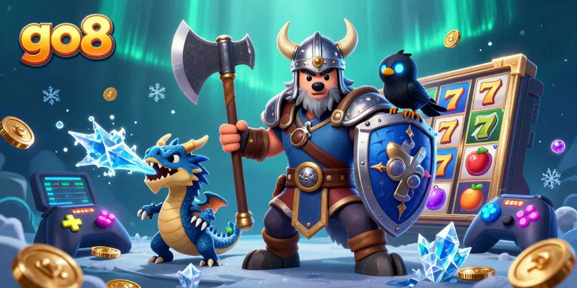 Engage in thrilling gaming adventures with go8's vibrant Viking warrior, dragon, and raven amidst colorful slot games and shimmering elements.