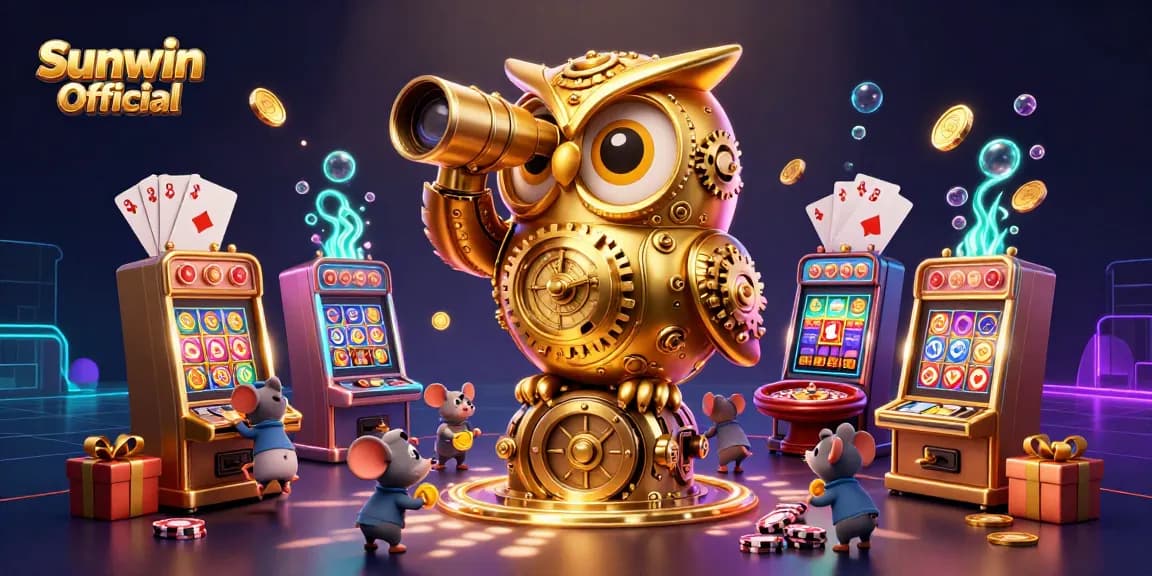 Experience exciting gaming with Sunwin Official: a lively cartoon scene of a casino floor with vibrant elements.