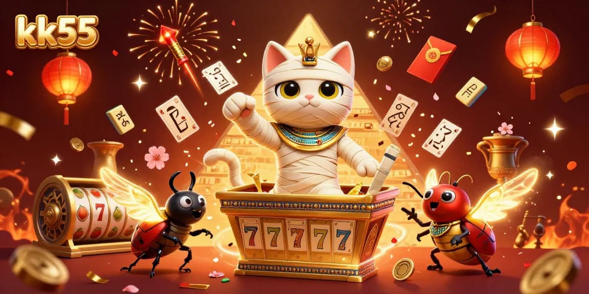 Play exciting games on kk55 with vibrant visuals featuring an Egyptian mummy cat in a casino scene.