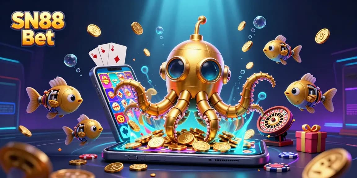 Win big with SN88 Bet in this vibrant casino scene featuring a kraken submarine amidst golden coins and slot game elements.