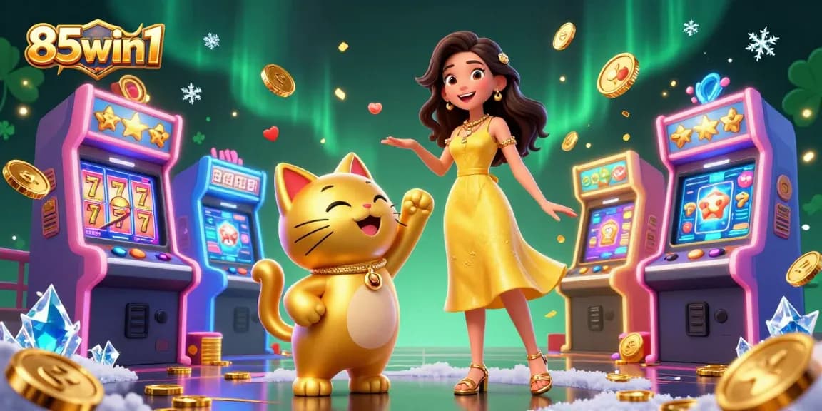 Experience the excitement of 85win1 with a cheerful Asian woman and a lucky cat, surrounded by vibrant casino elements.