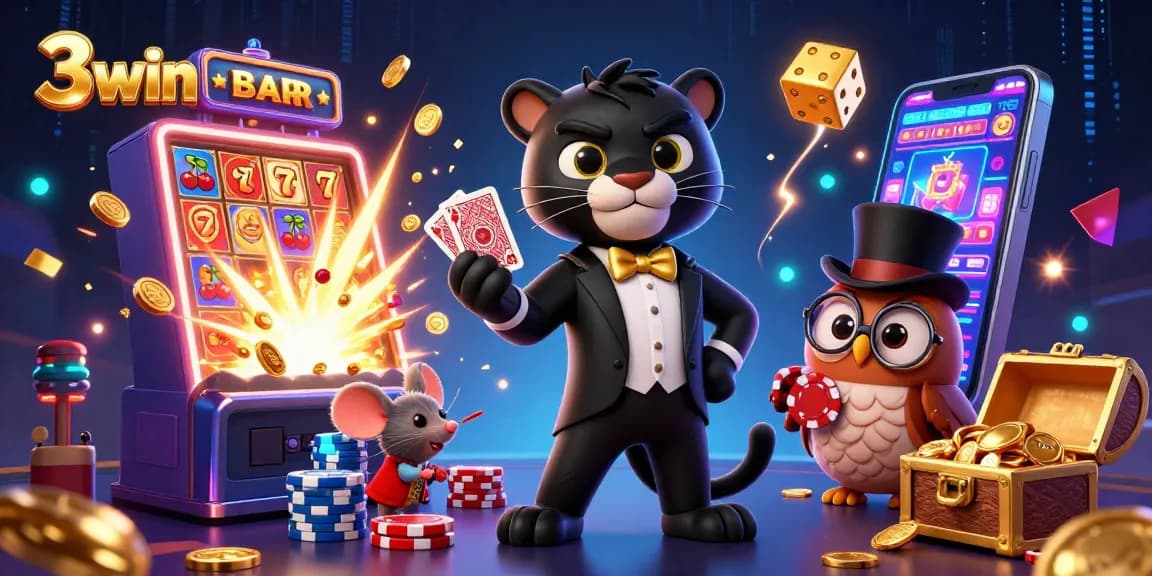 A stylish black panther and friends celebrate at 3win casino, showcasing vibrant slot machines and poker action.