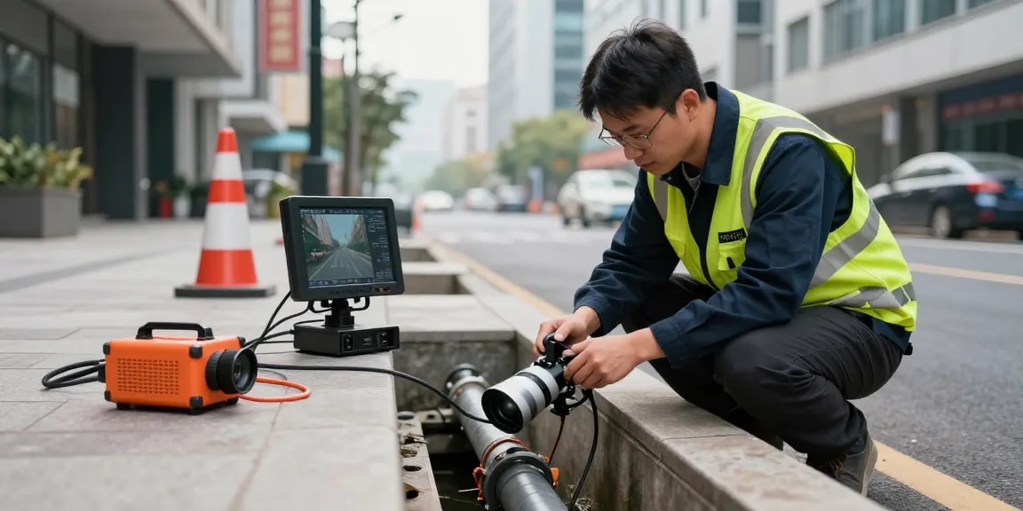 CCTV Drainage Surveys london Surrey technician inspecting sewer line with high-resolution camera in urban setting.