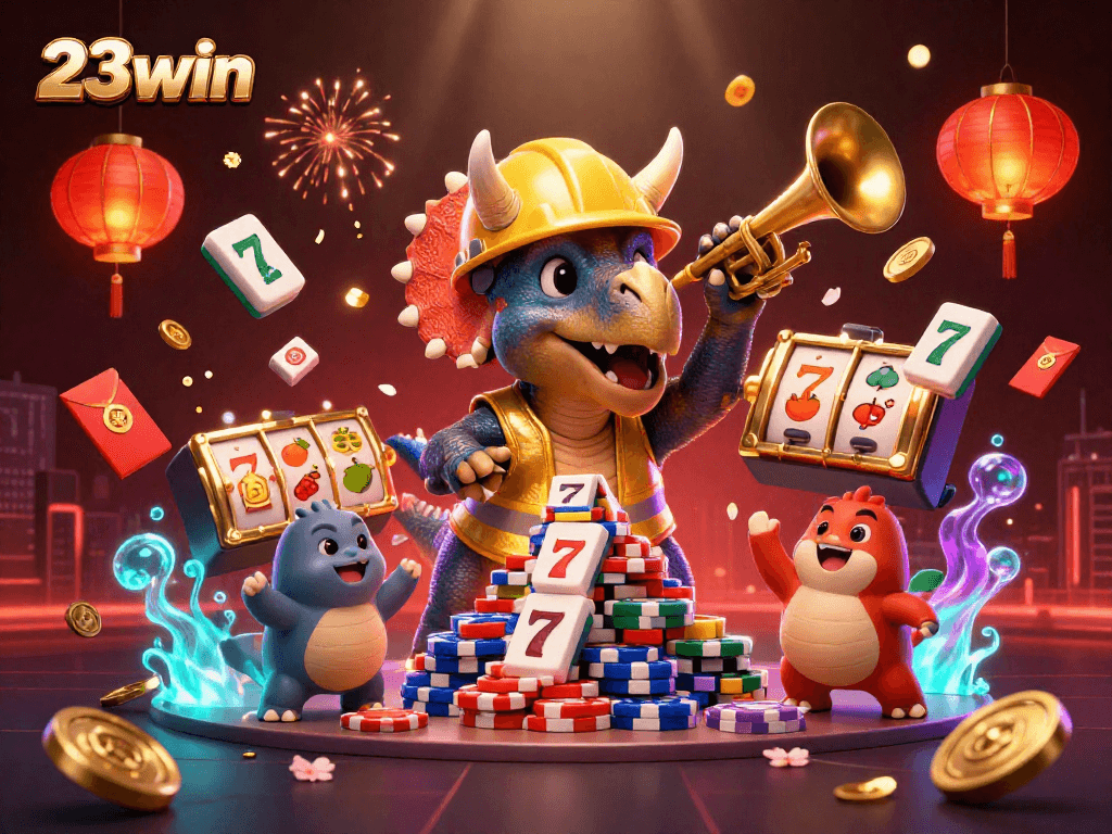 23win showcases a vibrant casino scene with a joyful triceratops building poker chip pyramids.