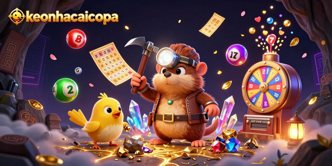Engage in exciting gambling at keonhacaicopa with vibrant illustrations of lottery balls and treasures.