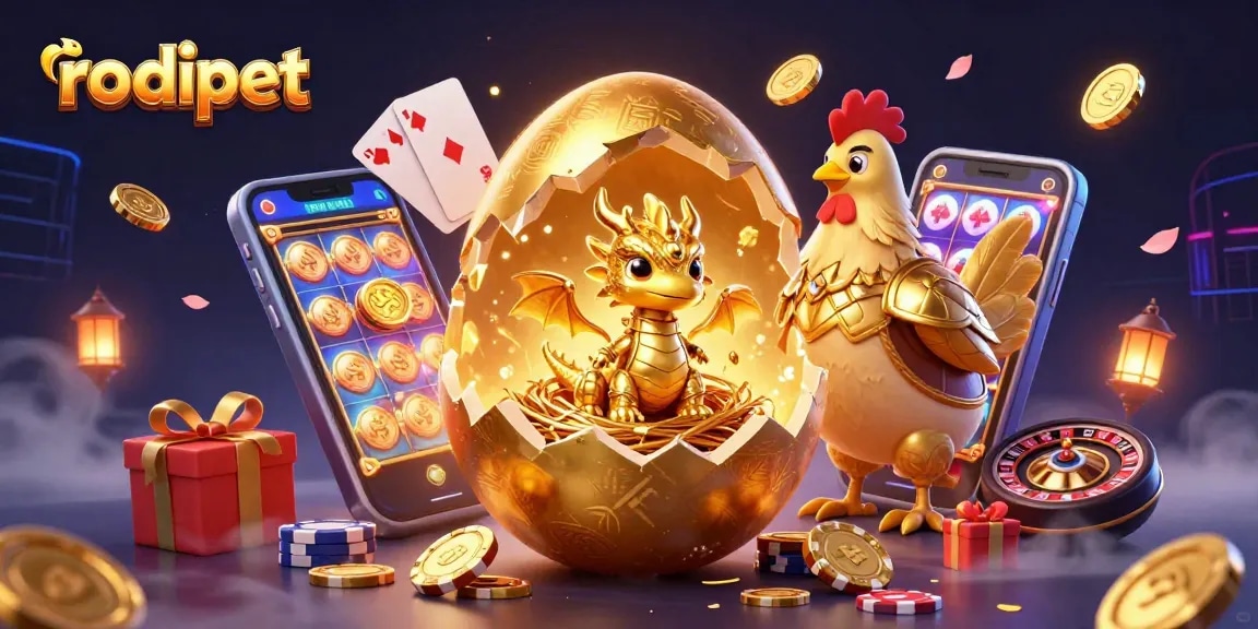 Experience the excitement of rodipet with a golden dragon and casino loot in this vivid illustration.