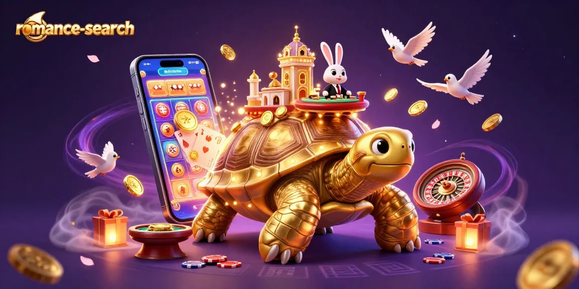 Spin and win at romance-search with a dynamic scene filled with golden tortoises and casino action.