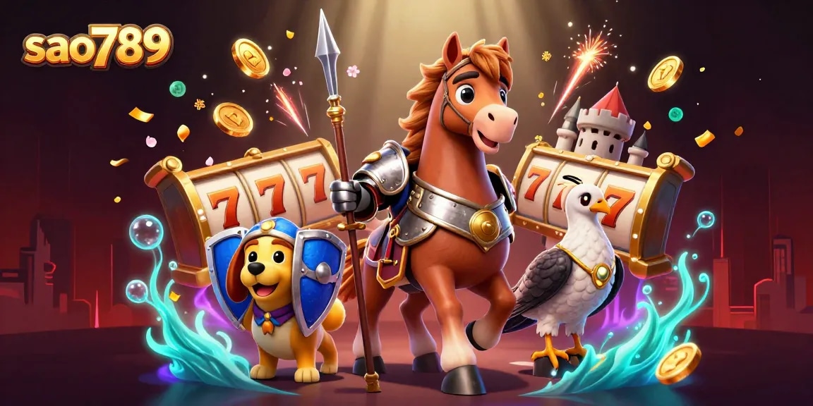Sao789 brings an exciting casino experience with vibrant visuals showcasing a knight, a puppy, and a falcon amidst spinning slots and colorful fireworks.