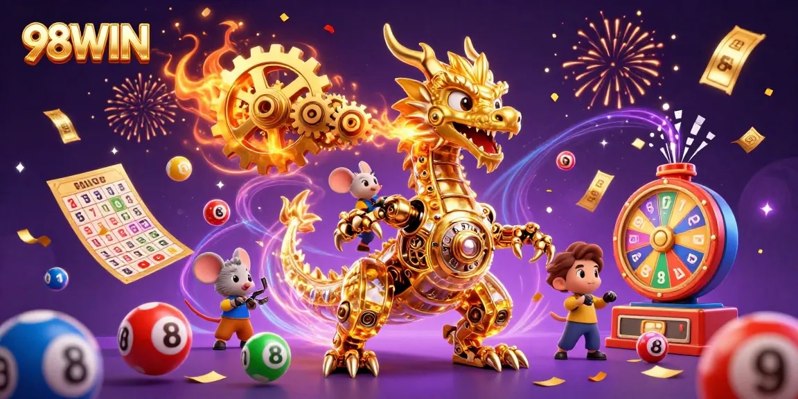 Spin vibrant lottery games with 98WIN in a rich casino adventure showcasing golden prizes.