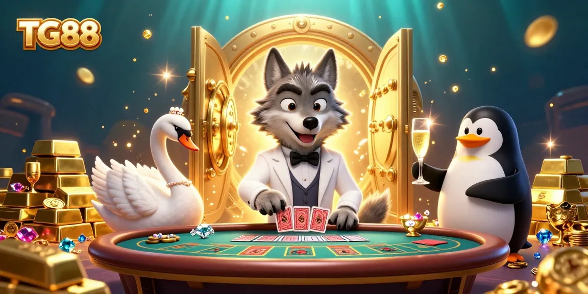 Catch the excitement at TG88 as a debonair wolf and elegant swan deal cards in a lavish casino scene.