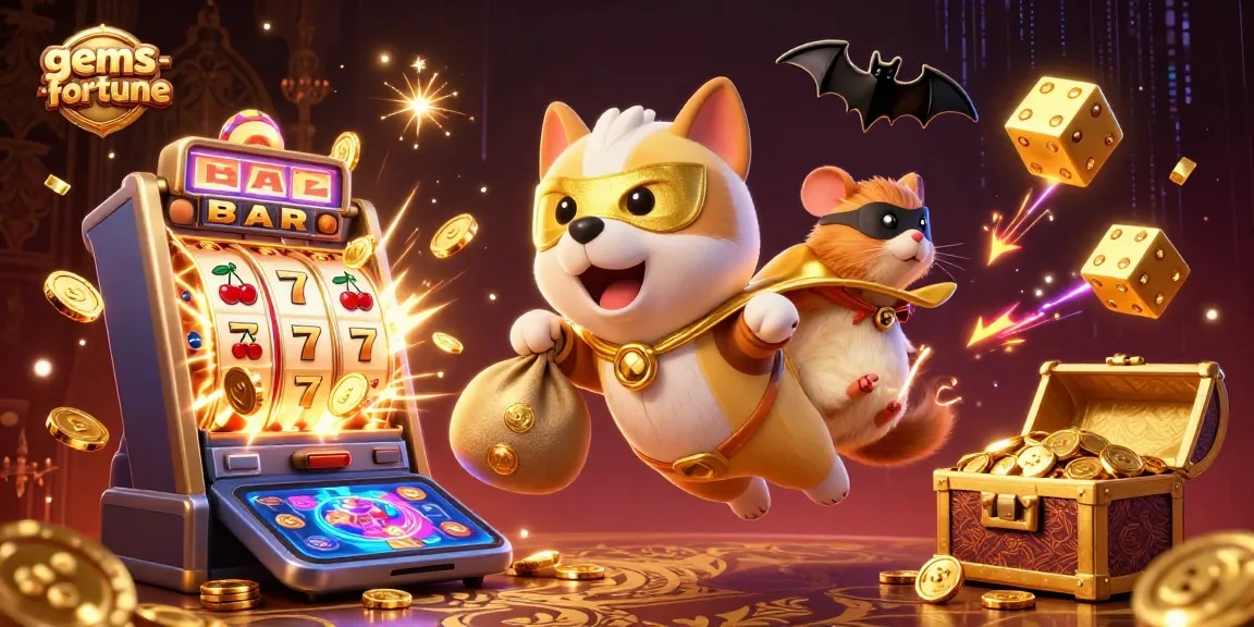 Experience gems-fortune with a superhero dog and hamster in an exciting casino adventure.
