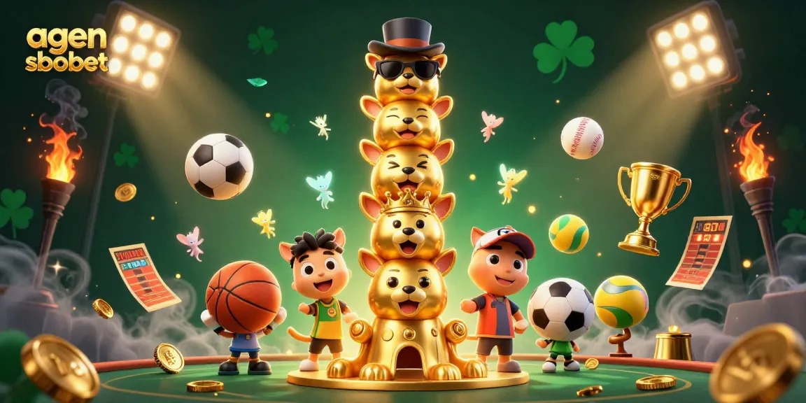 Engage in sports betting with agen sbobet featuring vibrant 3D illustrations of dynamic sport elements.