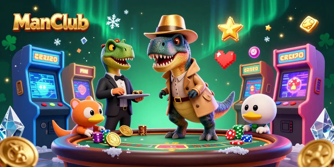 Win big at ManClub as a velociraptor card counter attempts stealth at blackjack surrounded by colorful gaming machines.