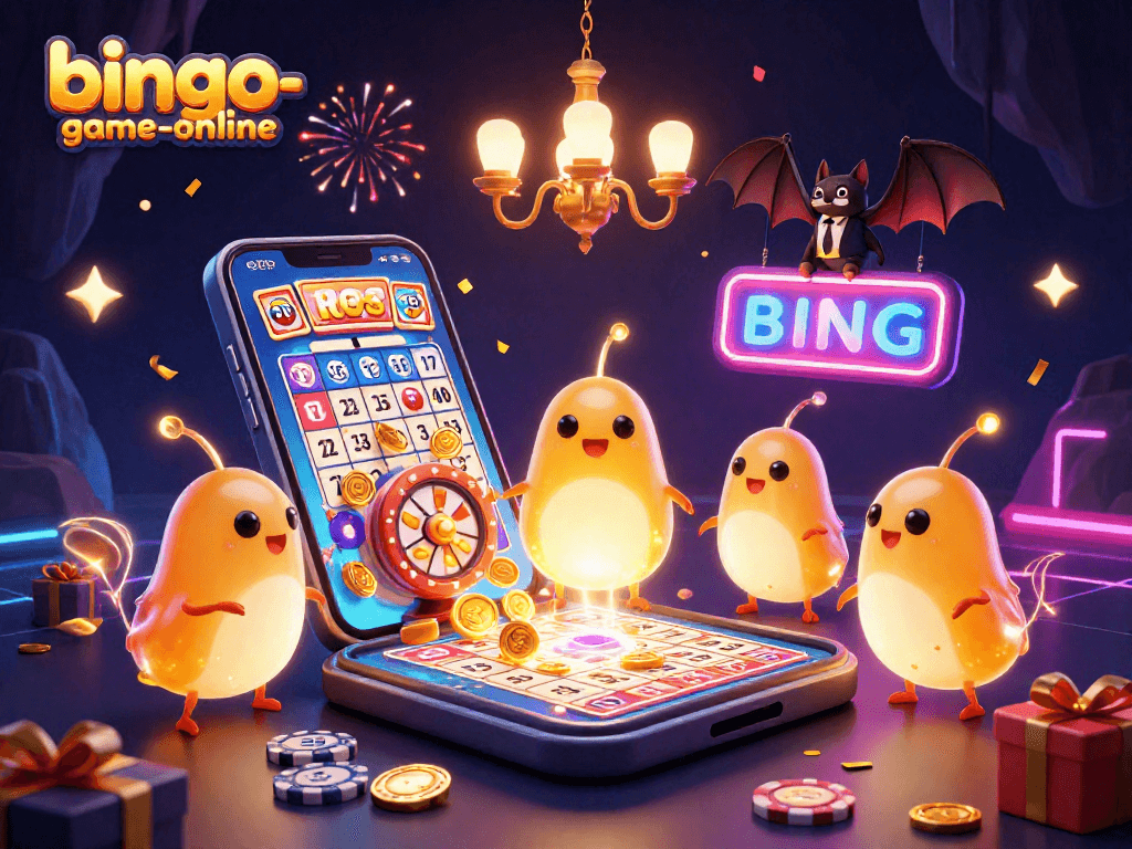 Engage with bingo-game-online in a vibrant bingo cave casino, featuring colorful game elements and glowing characters.