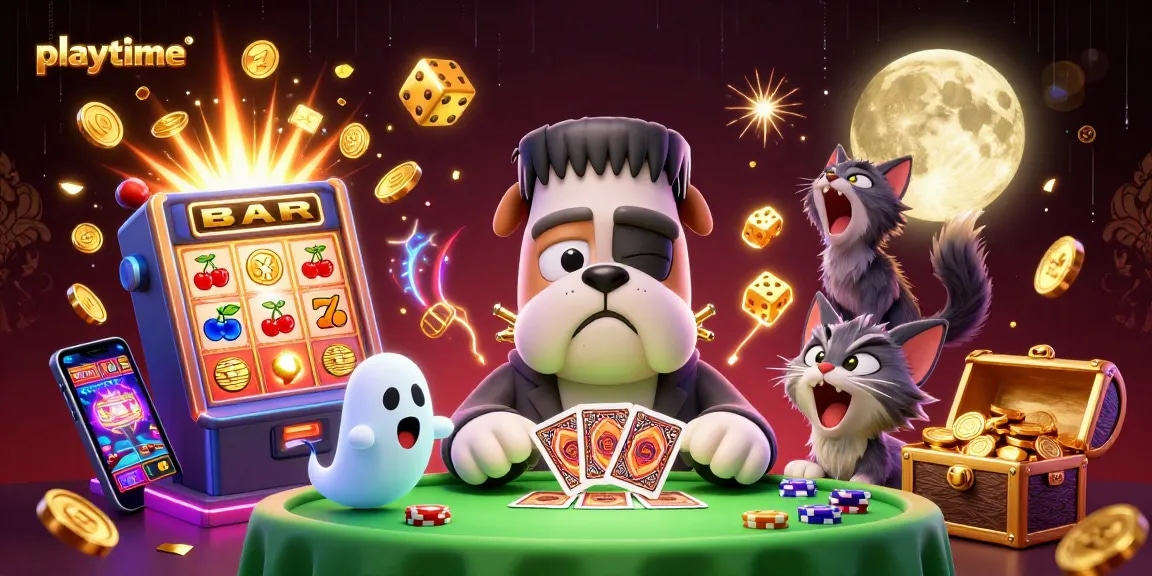 Playtime comes alive with a Frankenstein bulldog dealing cards and a jackpot explosion of coins.