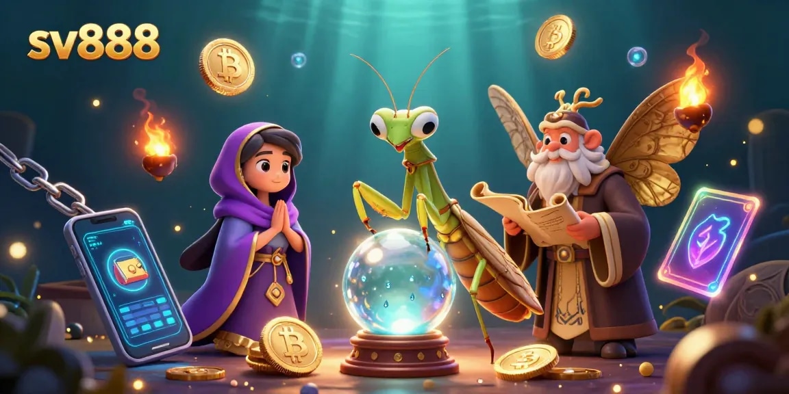 Experience sv888 thrill inside a vibrant casino, featuring mystical characters and glowing crypto elements.