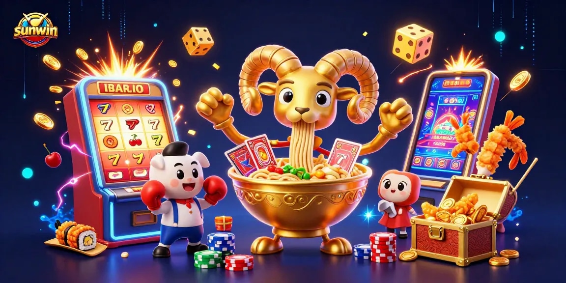 Experience thrilling action at Sunwin with a vibrant illustration of casino fun featuring unique characters.