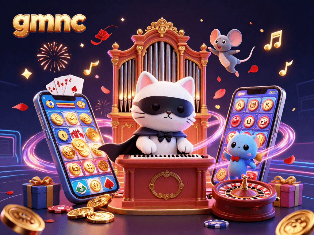 Engage with gmnc's vibrant casino scene featuring a phantom cat and dynamic gaming elements.