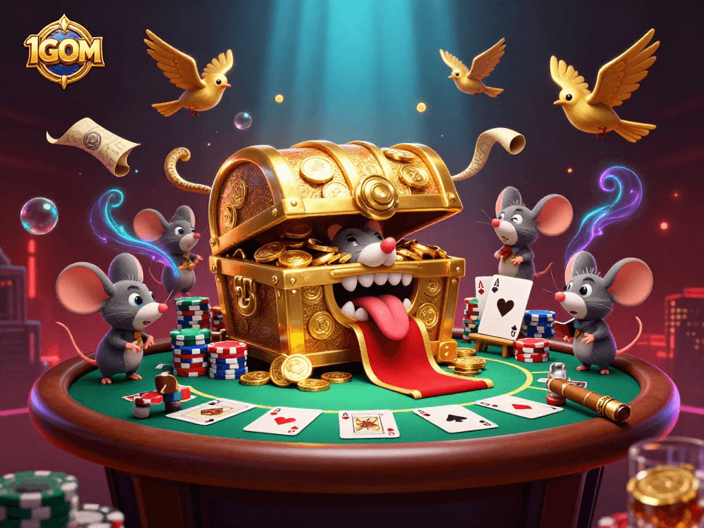 Engage with thrilling 1GOM betting action showcasing a charming treasure chest and vibrant poker scene.