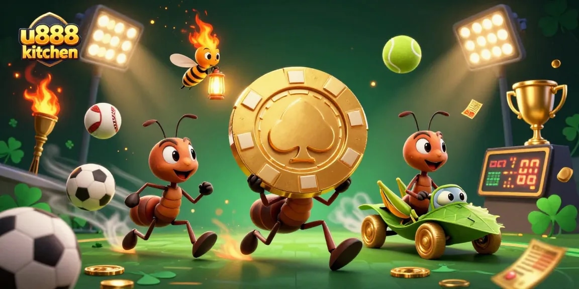 Join the dynamic u888 kitchen heist with cartoon ants and golden chips in a vibrant casino scene.