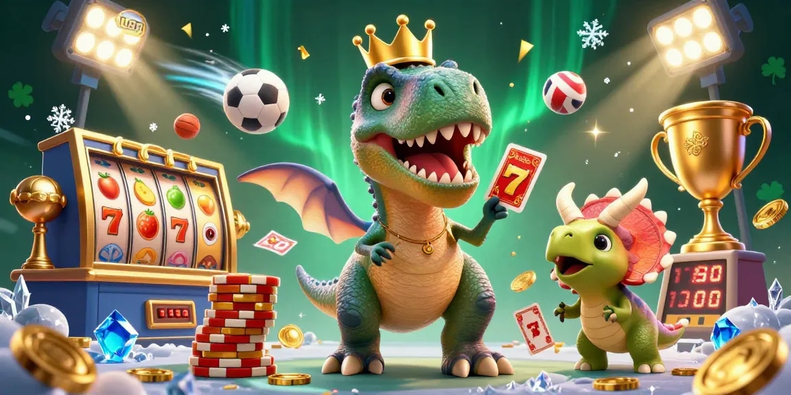 Experience thrilling games at lu88 with a lively T-Rex and friends in a vibrant casino scene.