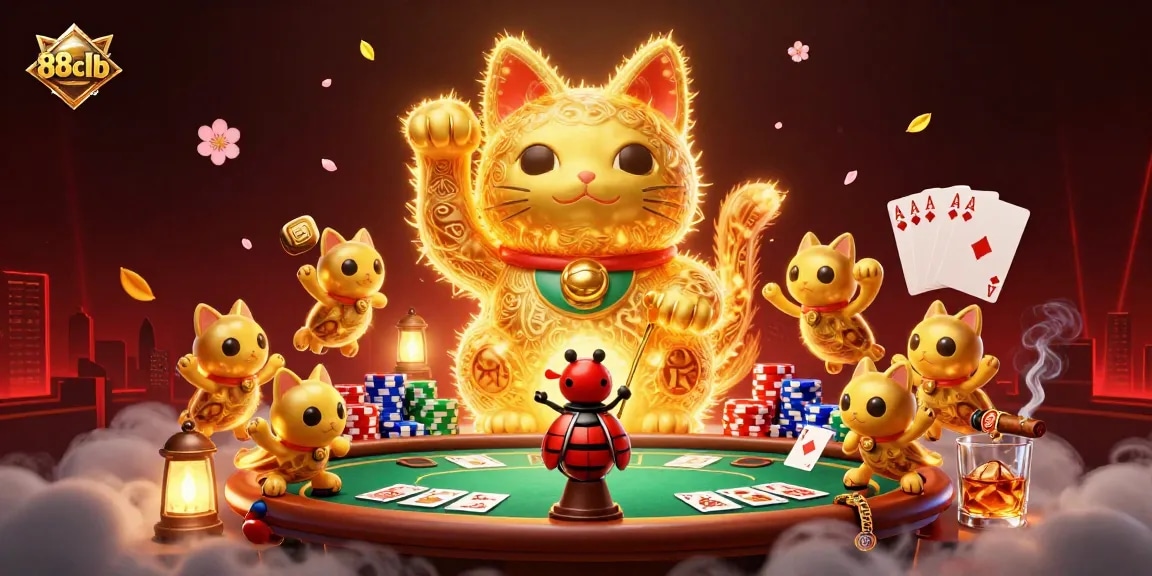 Engage with vibrant 88clb gaming elements as fireflies create a lucky cat in a bustling casino scene.