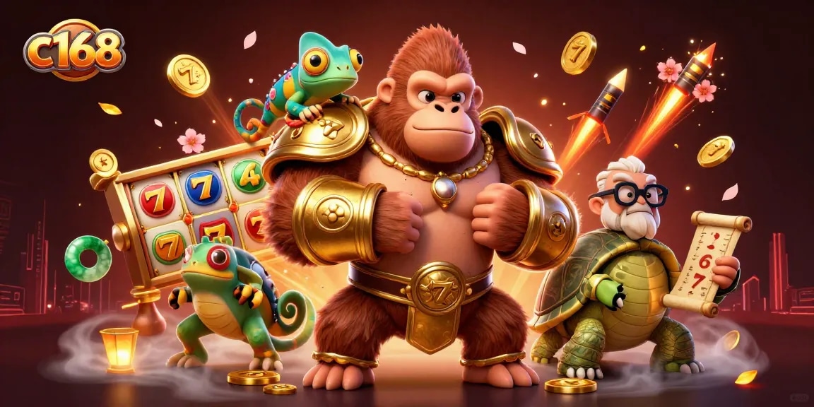 C168 gorilla king showcasing online gaming, surrounded by slot reels and lucky symbols in a vibrant casino scene.