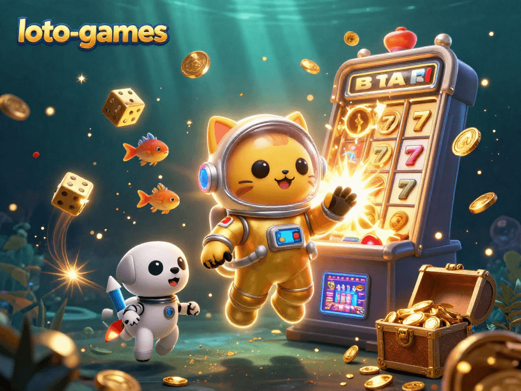 Engage with loto-games featuring a golden slot machine bursting with jackpot coins and glowing symbols in a vibrant cosmic scene
