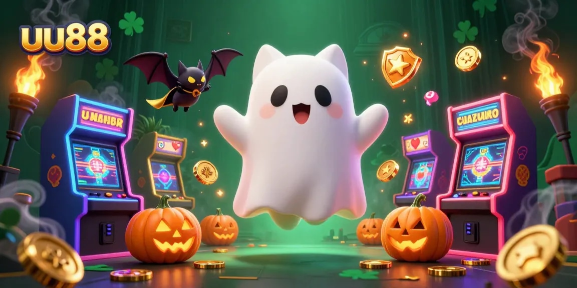 Experience thrilling gaming with uu88's ghost cat, slot machines, and vibrant arcade elements.
