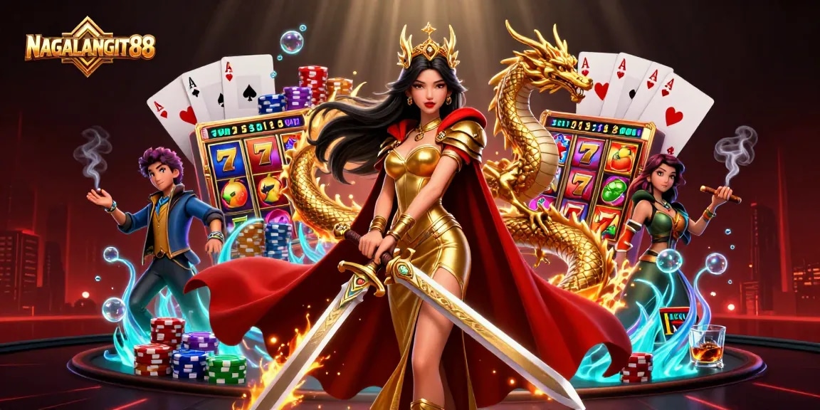 NAGALANGIT88 slots scene featuring winning gameplay, vibrant slot reels, and a stunning warrior queen.